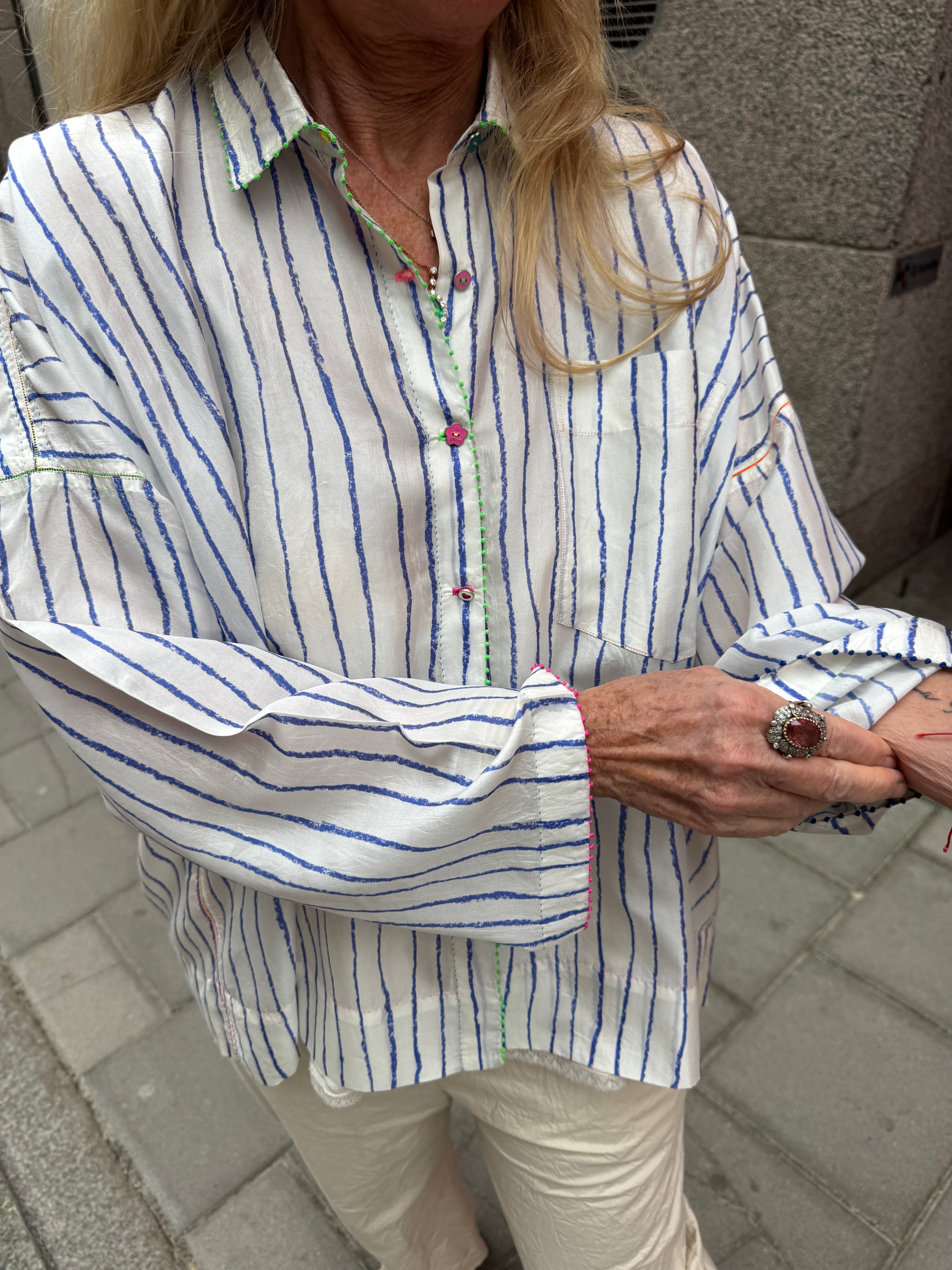 Pero - Striped Silk Blouse - Blue