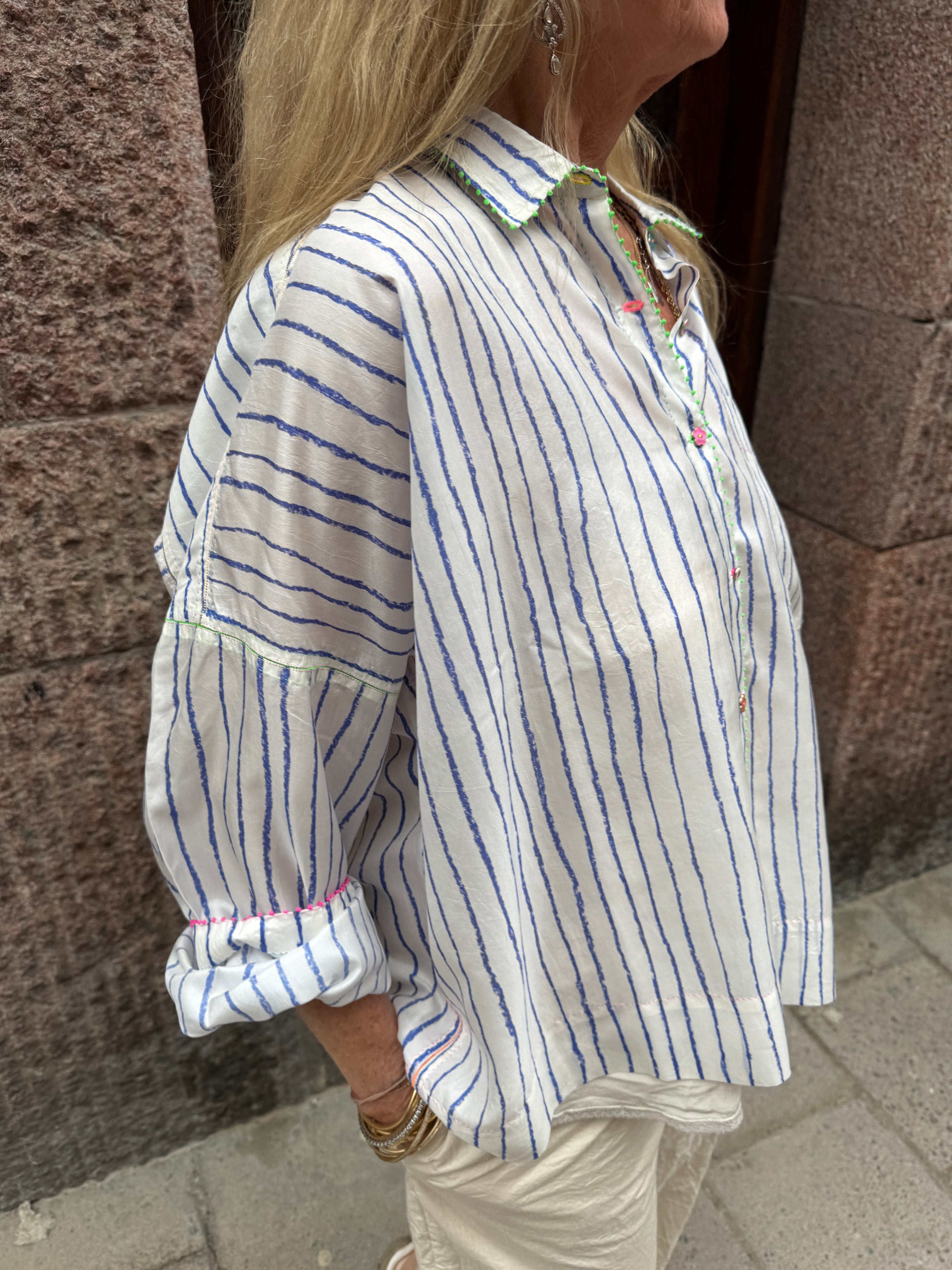 Pero - Striped Silk Blouse - Blue